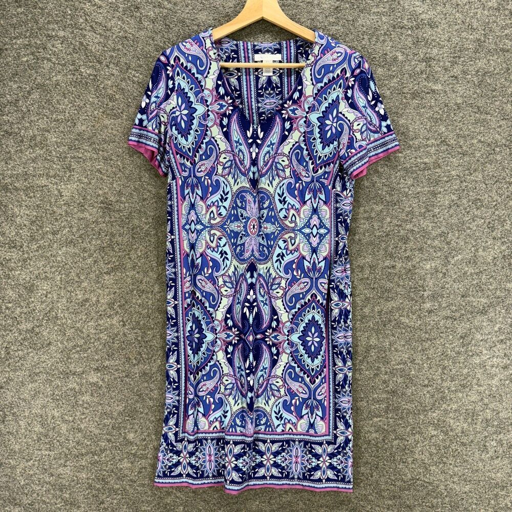 London Timen Dress Women 6 Blue Paisley Shift Midi V-Neck Short Sleeve Casual
